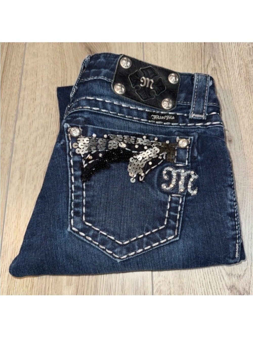 Miss Me Dark Blue Straight Leg Jeans with Sequin Pocket denim